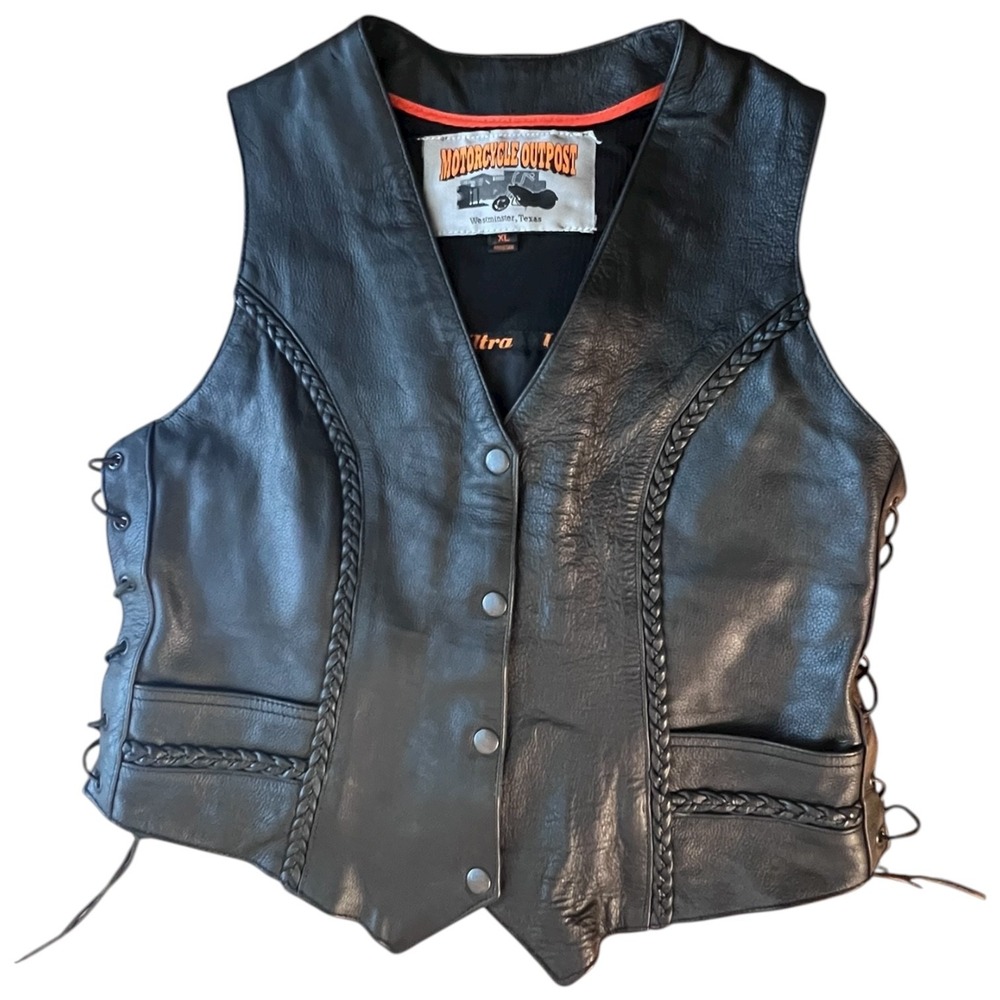 Motorcycle Outpost Biker Snap Front Side Lace Black Leather Vest Women (XL)‎ - Picture 15 of 16